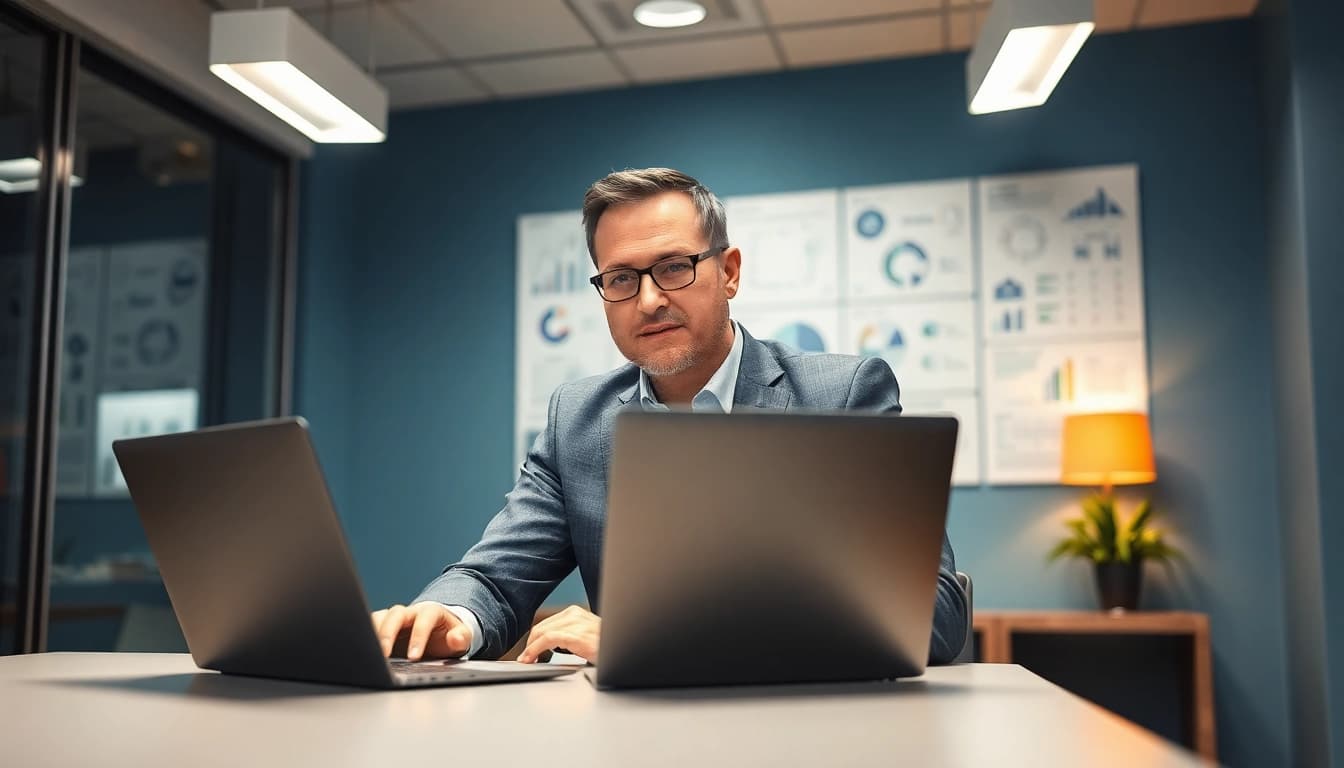Headhunter IT arbeitet konzentriert an einem Schreibtisch in einem modernen Büro.