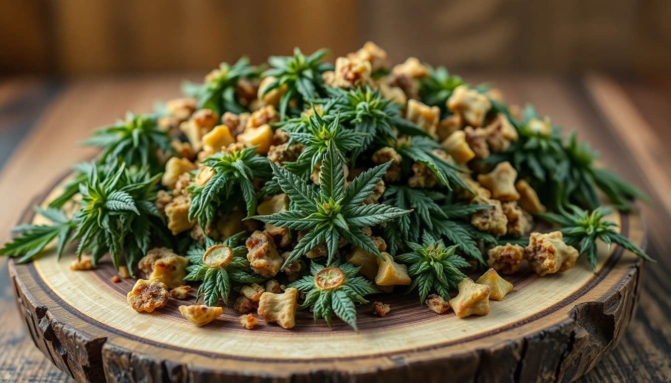 Leckere cannabis kekse frisch gebacken, serviert auf einer rustikalen Holzplatte.