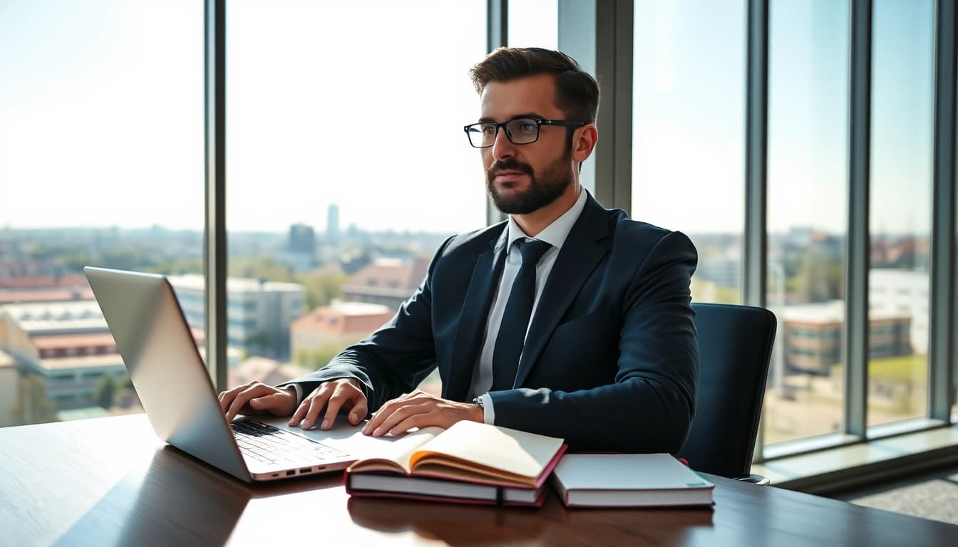 Headhunter Wolfsburg in einem modernen Büro bei der Arbeit mit Laptop und Notizbuch.