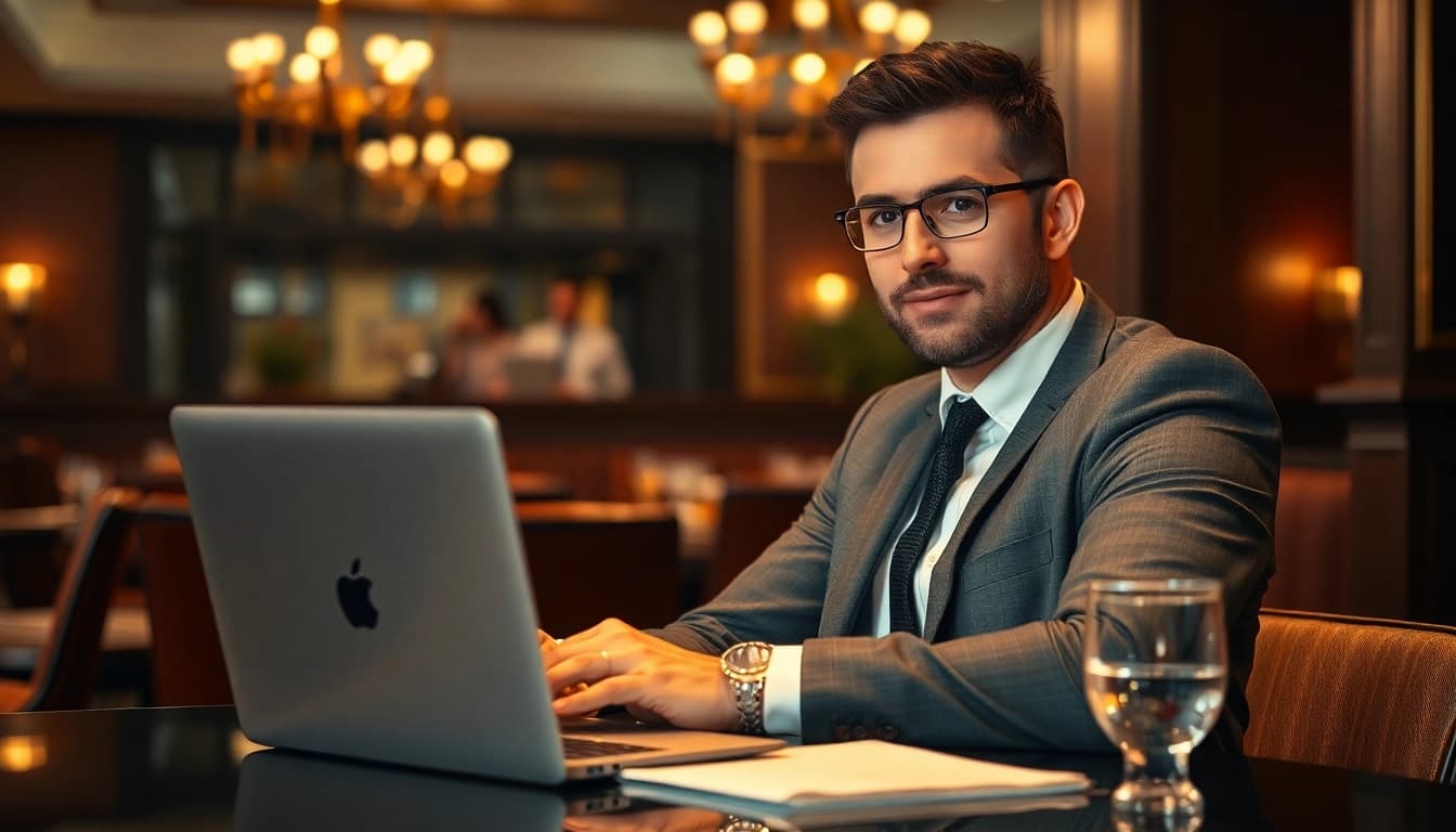 Professioneller Headhunter Gastronomie, der konzentriert an einem eleganten Restaurant-Tisch arbeitet.