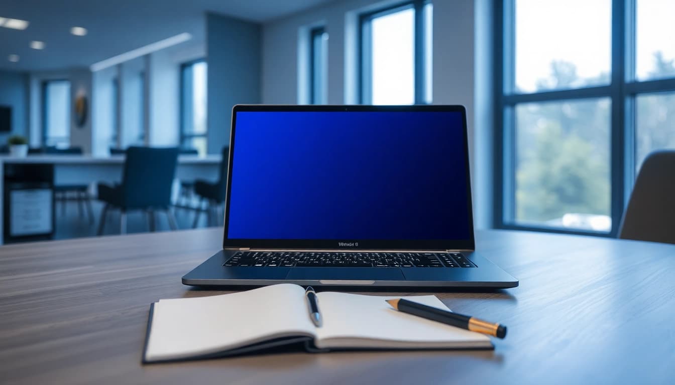 Arbeiten mit pc windows 11 auf einem modernen Laptop in einem stilvollen Büro.