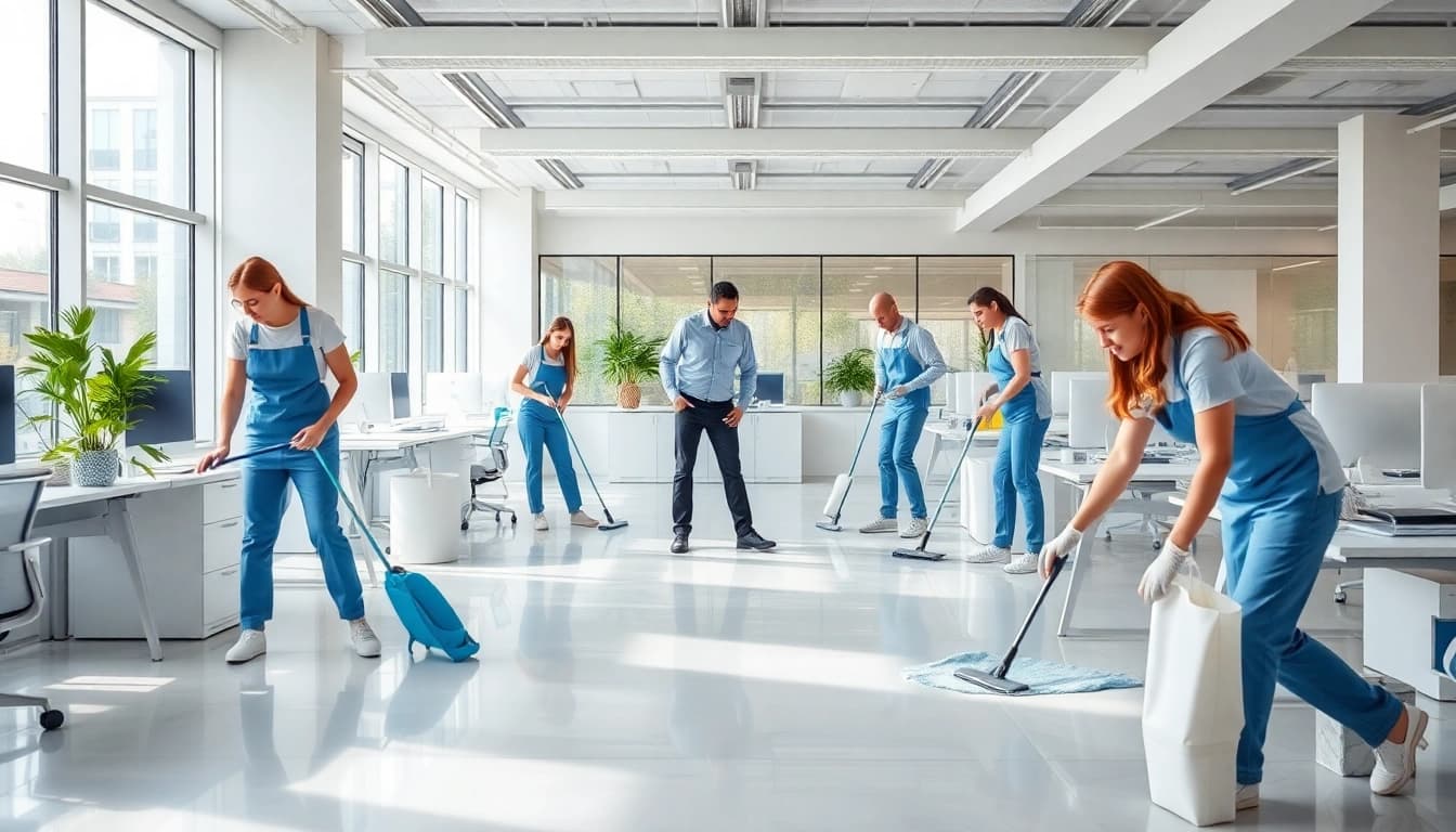 Effektive Gebäudereinigung Ulm mit professionellen Reinigungskräften in einem modernen Büro.