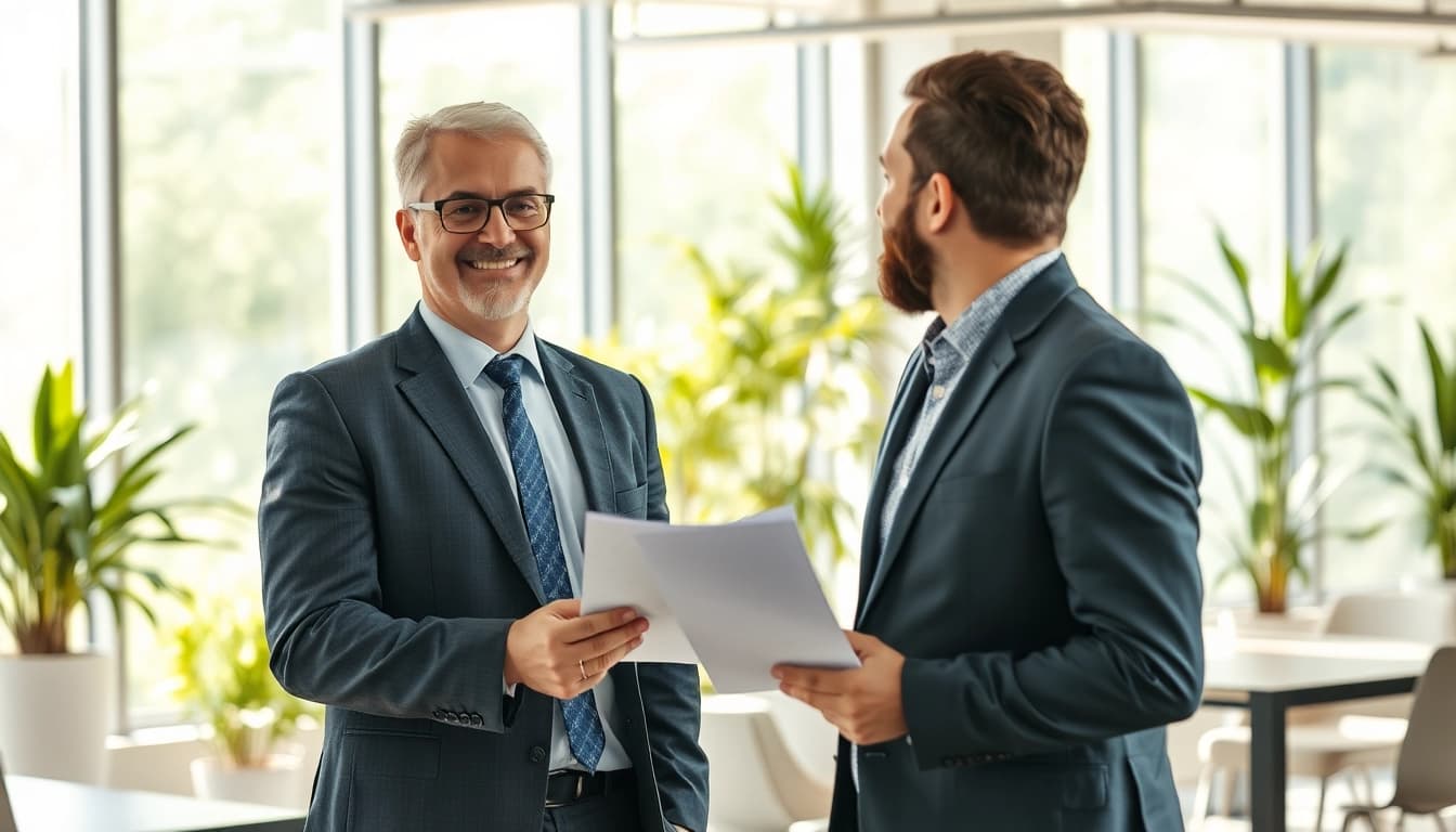 Headhunter interagiert aktiv mit einem Bewerber im modernen Büro.