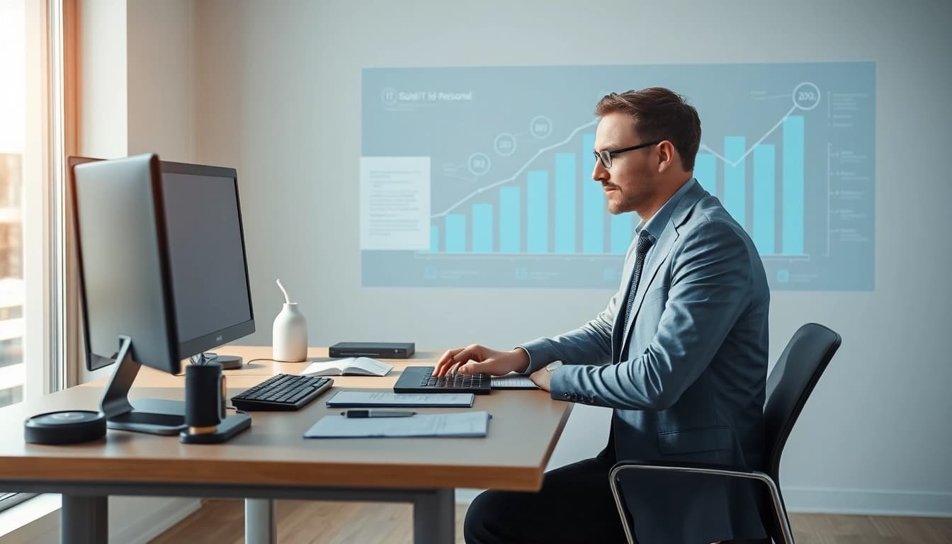 Headhunter IT analysiert Daten zur Personalvermittlung an einem modernen Schreibtisch.
