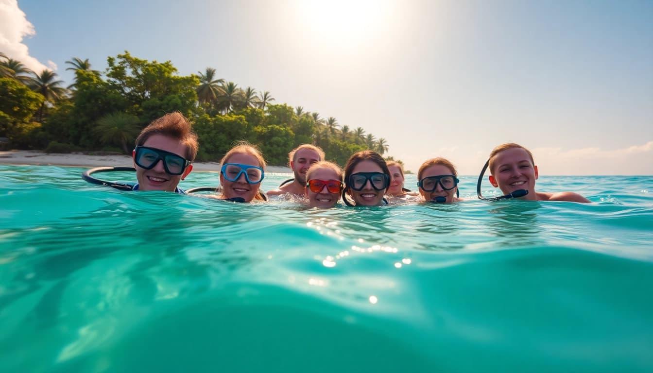 Tauchschule Playa del Carmen: Fröhliche Taucher starten ihren Schnorchelausflug in das kristallklare Wasser.