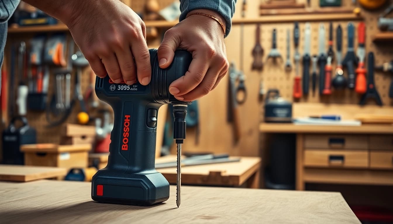 Bosch PSR 1200 in action, drilling effortlessly into wood.