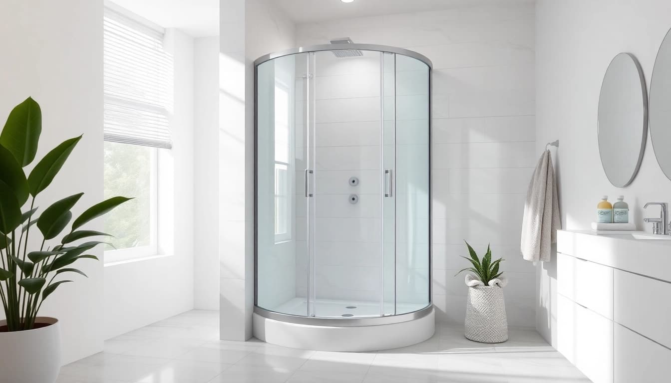 Beleuchtete duschkabine 100x100 pendeltür mit eleganten Glasdetails in modernem Badezimmer.