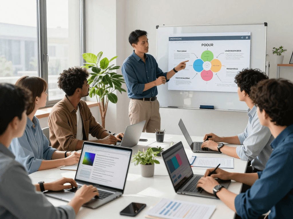 Barrierefreie und rechtssichere Webseiten Dienstleistung in einem modernen Büro, Team diskutiert digitale Strategien für barrierefreies Webdesign.