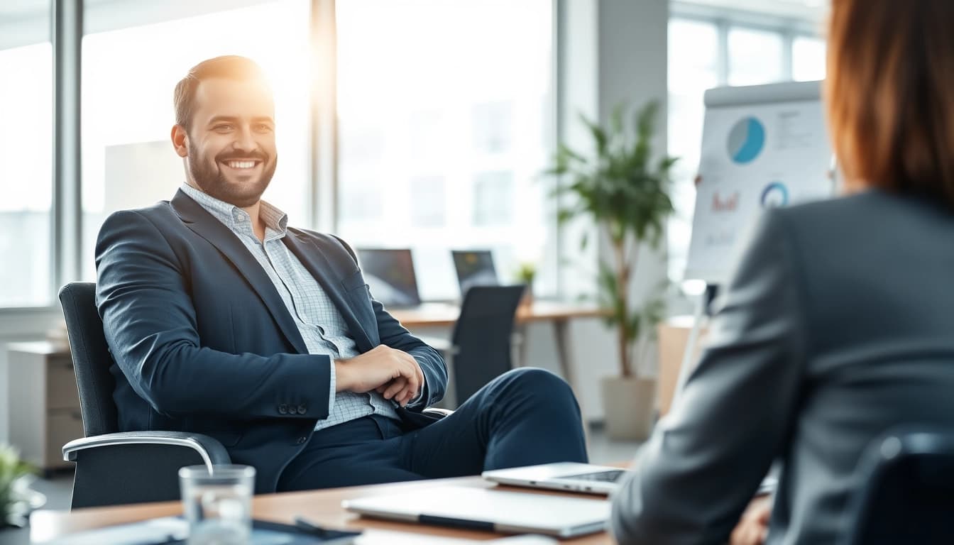 Interaktion eines Headhunters Bielefeld mit einem Kandidaten in modernem Büro.