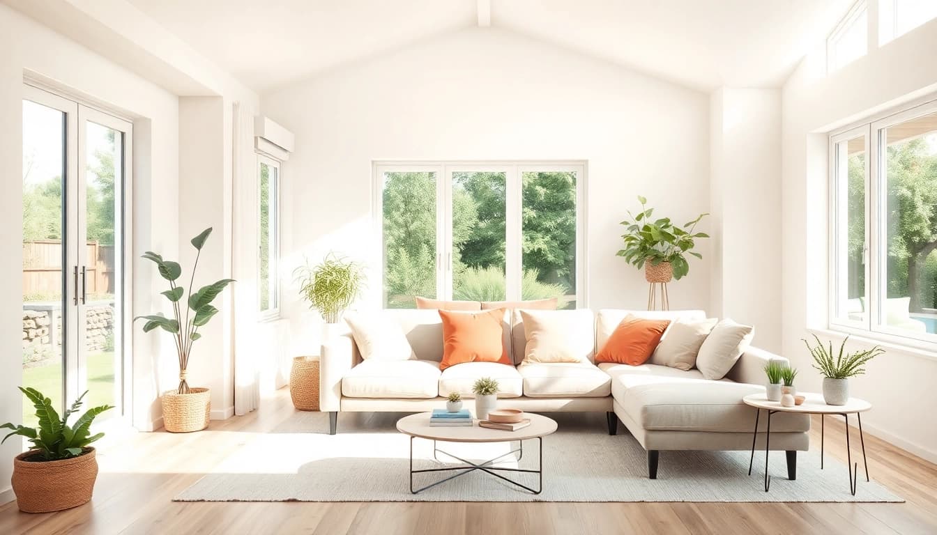 Inspiriertes Wohnzimmer für Raumgestaltung mit bequemer Couch und Pflanzen.