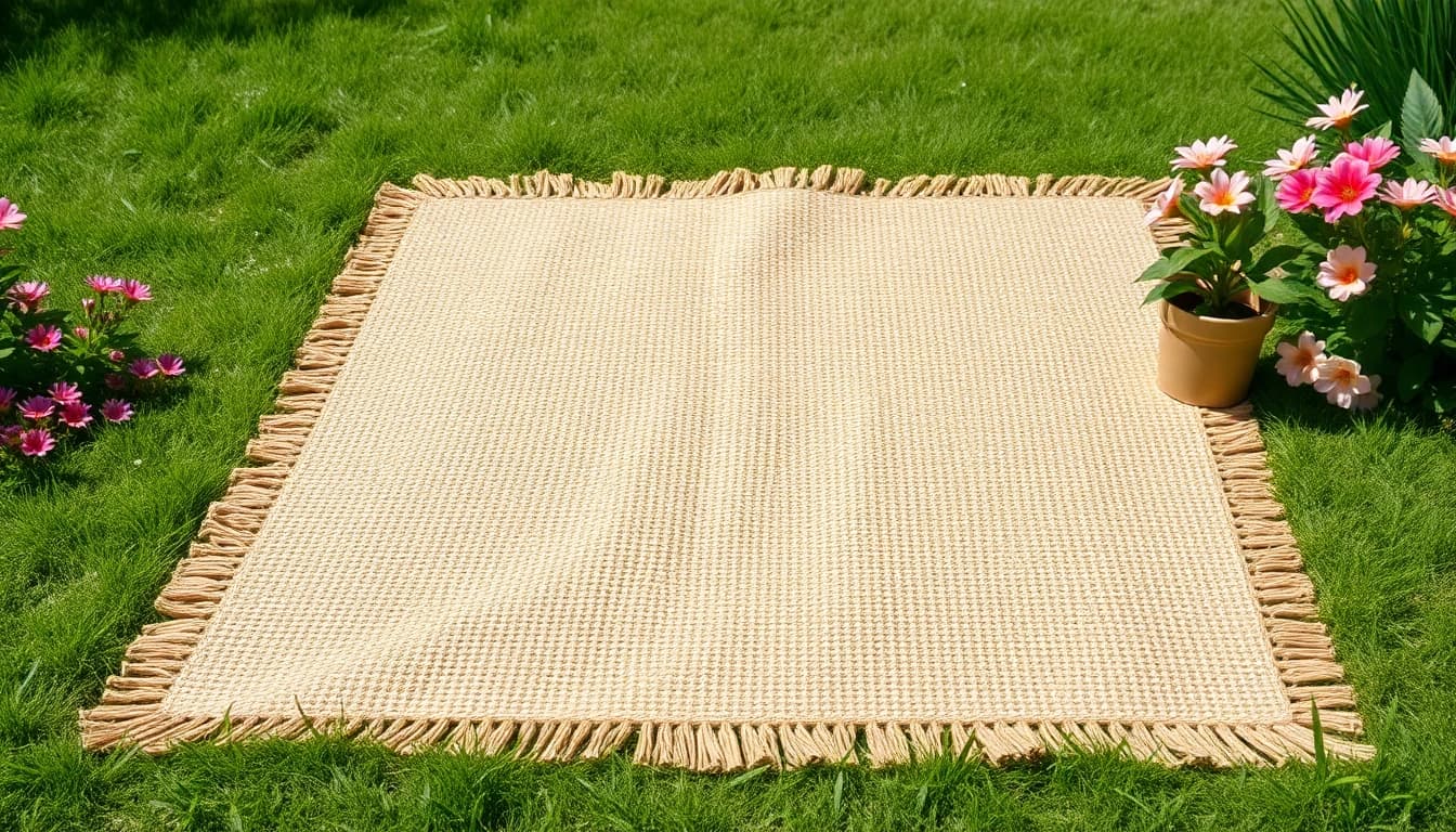 Hanfmatte in einem einladenden Garten, zeigt ihre natürliche Textur und Farbvielfalt.