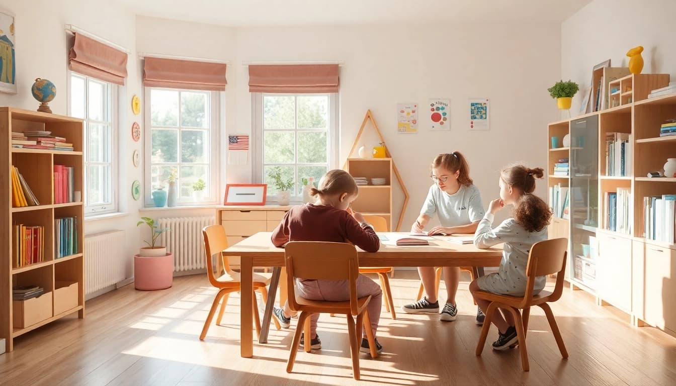 Ein engagierter Schüler, der am Heimunterricht teilnimmt, umgeben von Lernmaterialien in einem kreativen, freundlichen Umfeld.