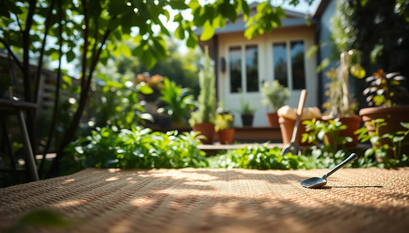 Hanfmatte in einer ruhigen Gartenumgebung, ideal für nachhaltige Lebensstile.