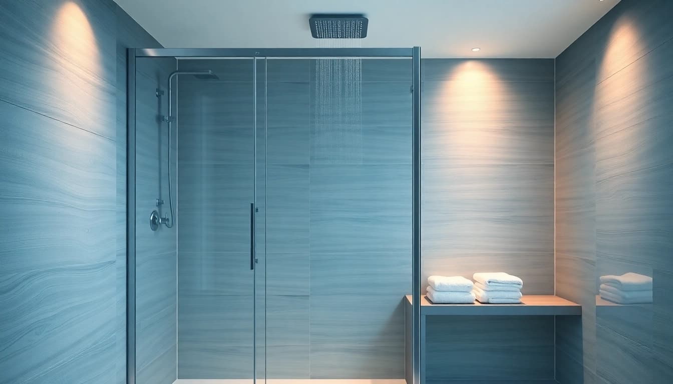 Dusche 100x100 in einer eleganten Badgestaltung mit hochwertigem Duschkopf.