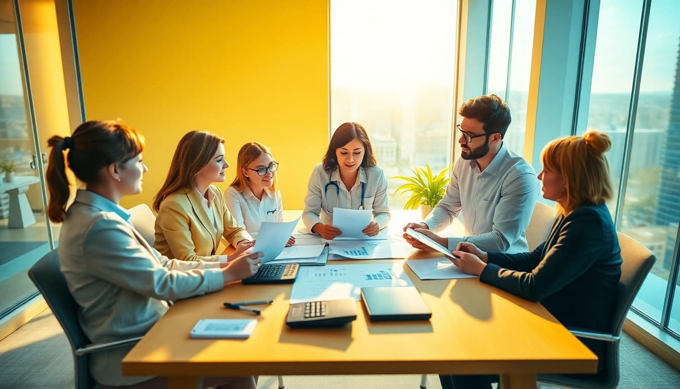 Explore the concept of net salary in Germany through professionals engaging with financial documents in a bright office.
