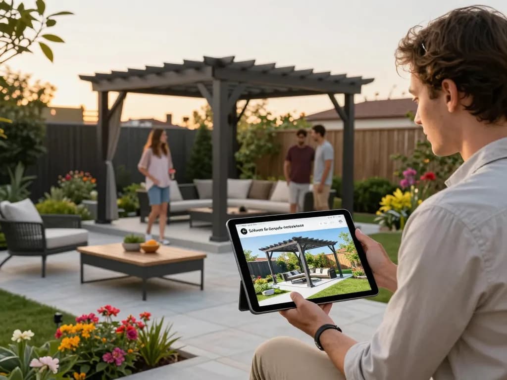 Erleben Sie die Software für Pergola-Installateure mit 3D-gerenderten Designs in einem lebhaften Außenbereich.