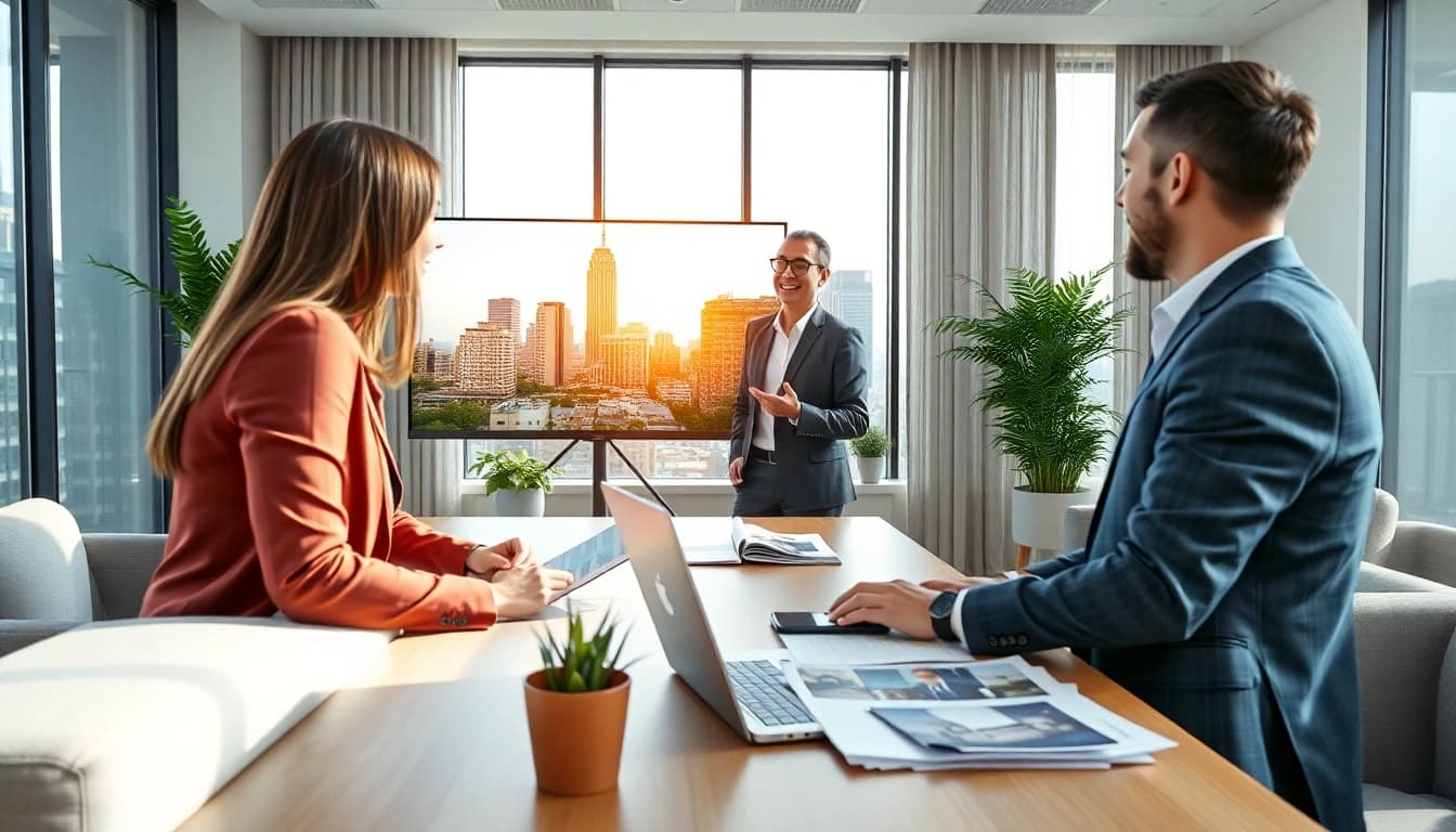 Immobilienmakler Frankfurt Eschersheim berät Kunden in modernem Büro mit dynamischer Atmosphäre.