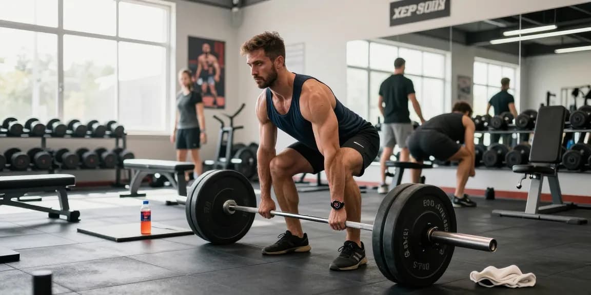 Anabolika Shop Deutschland: Bodybuilder hebt Gewichte in einem Fitnessstudio mit lebendiger Beleuchtung und zeigt Krafttraining.