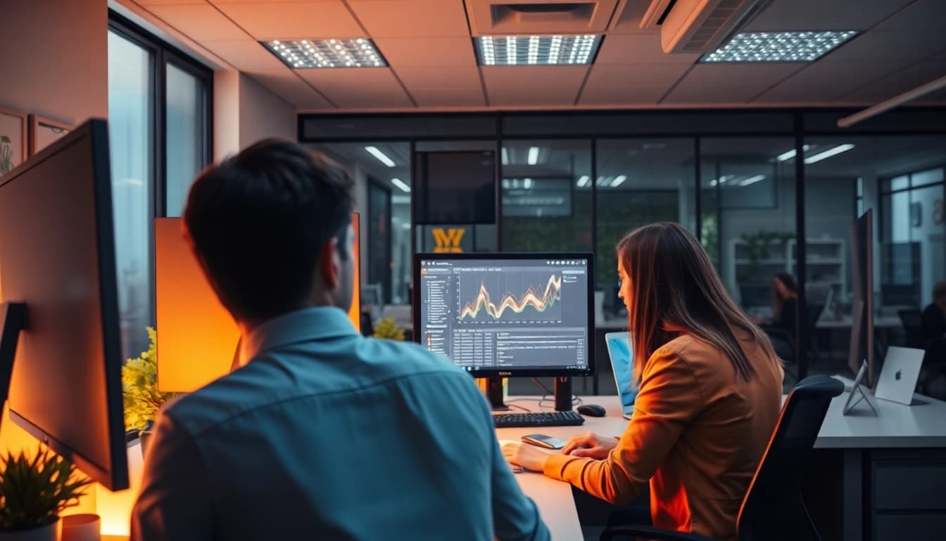 Visualisieren Sie den Prozess der Web-Rang-Analyse in einem modernen Büro.
