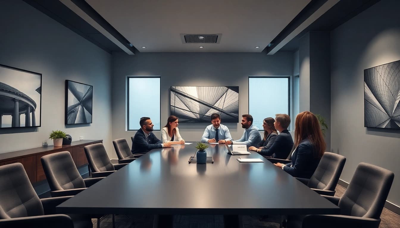 Engaged team discussing strategies in a modern Unternehmensberatung Hannover office with sleek design.
