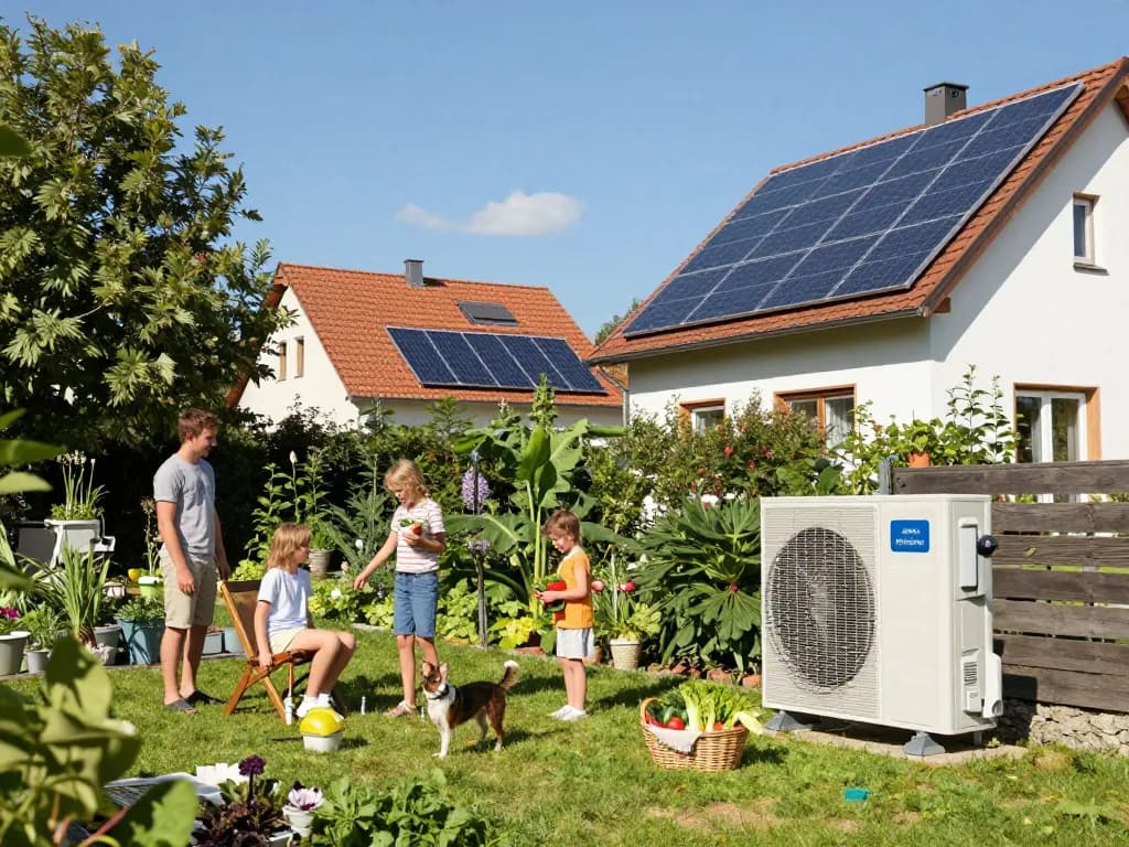 Photovoltaik Bayern Haus mit Solarpanelen und Familie, die grünes Leben genießt.