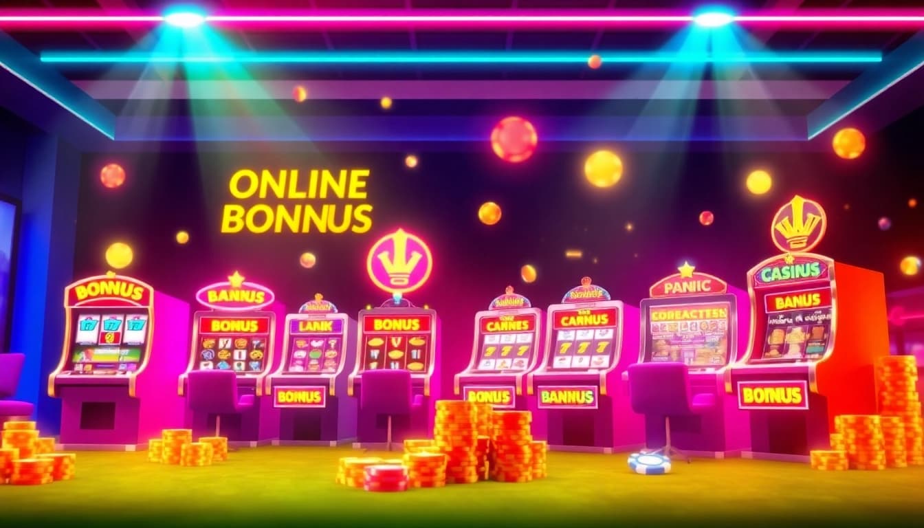 Get the best online casino bonus offers with enticing visuals of slots and vibrant promotions on display.