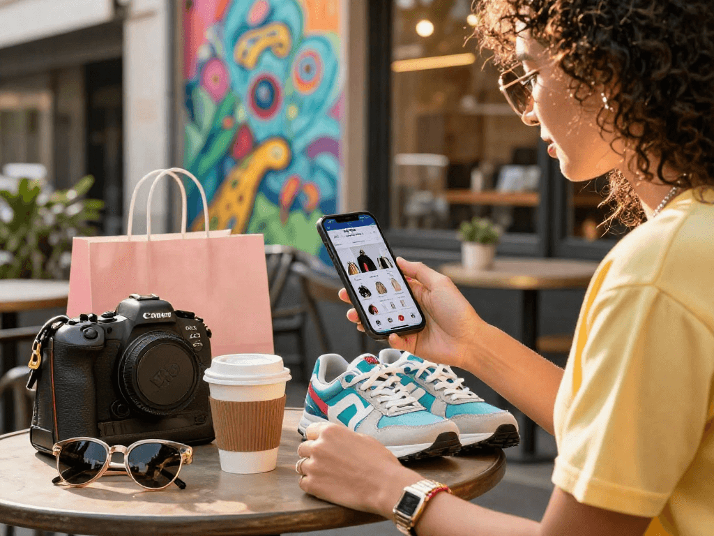 Individual browsing rokok88 apparel on a smartphone at a trendy urban café, surrounded by stylish accessories.