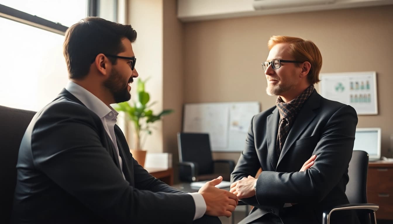 Headhunter IT interacts with a job candidate in a professional office setting.