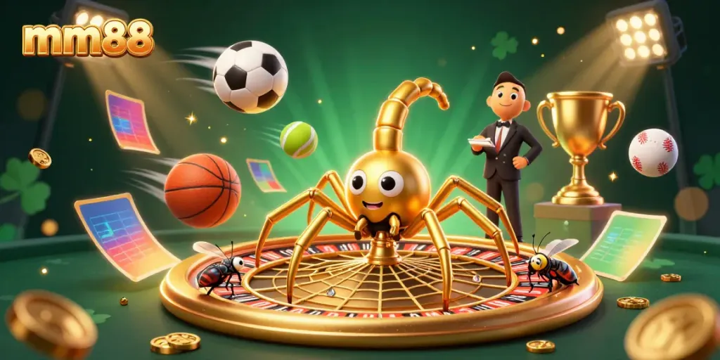 Experience thrilling betting at mm88 in this engaging 3D casino illustration with dynamic game elements.