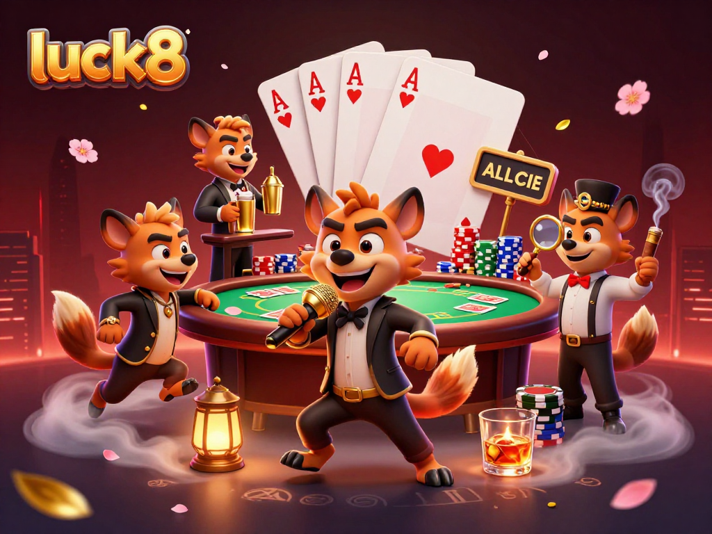 luck8 cartoon hyenas create a vibrant casino scene, showcasing poker action and comedic elements