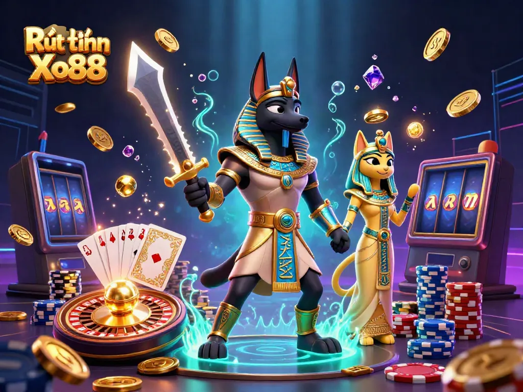 Experience Rút Tiền Xo88 with an exciting scene of Anubis and Bastet amidst vibrant casino elements.