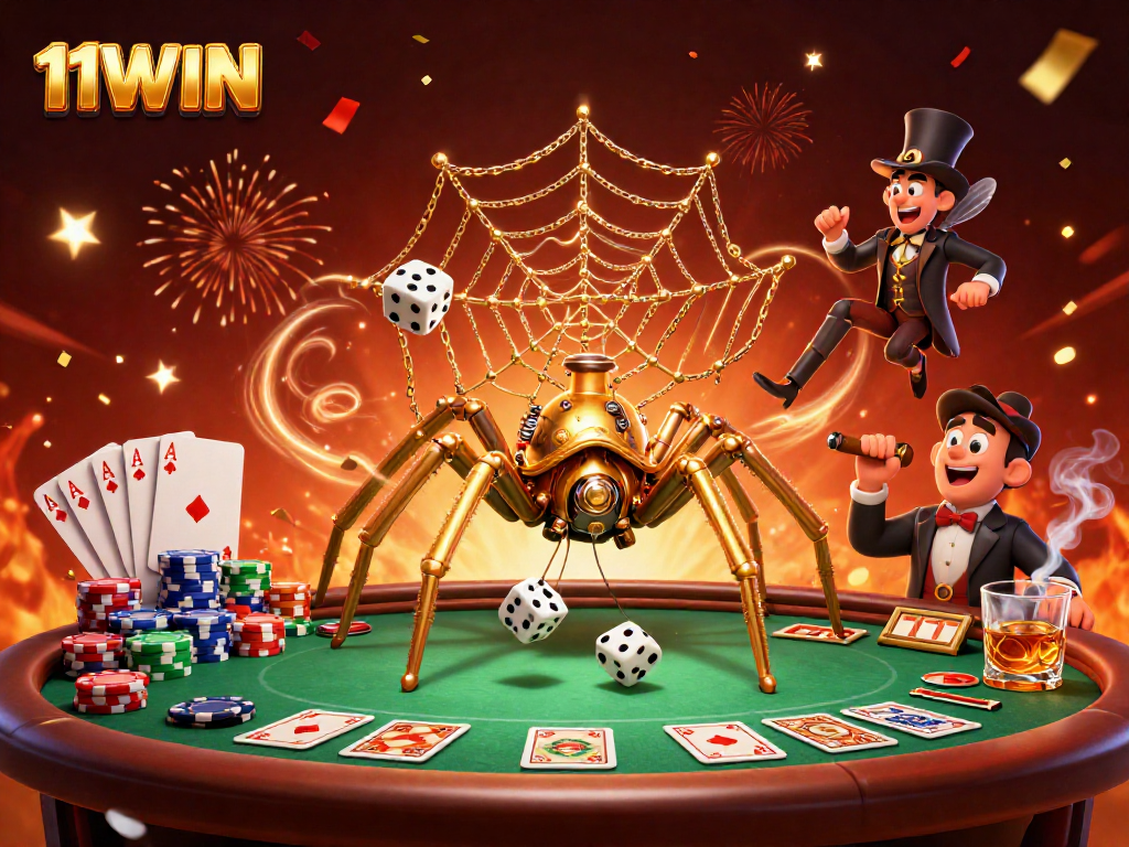 Engage with 11WIN's steampunk-themed casino adventure featuring poker elements and vibrant celebration.