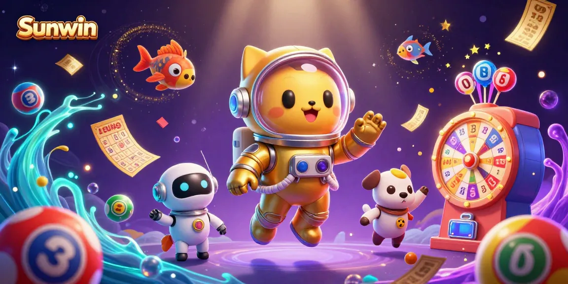Engage with Sunwin's dynamic casino experience illustrated through a 3D cartoon astronaut cat and robot dog amidst lottery elements.