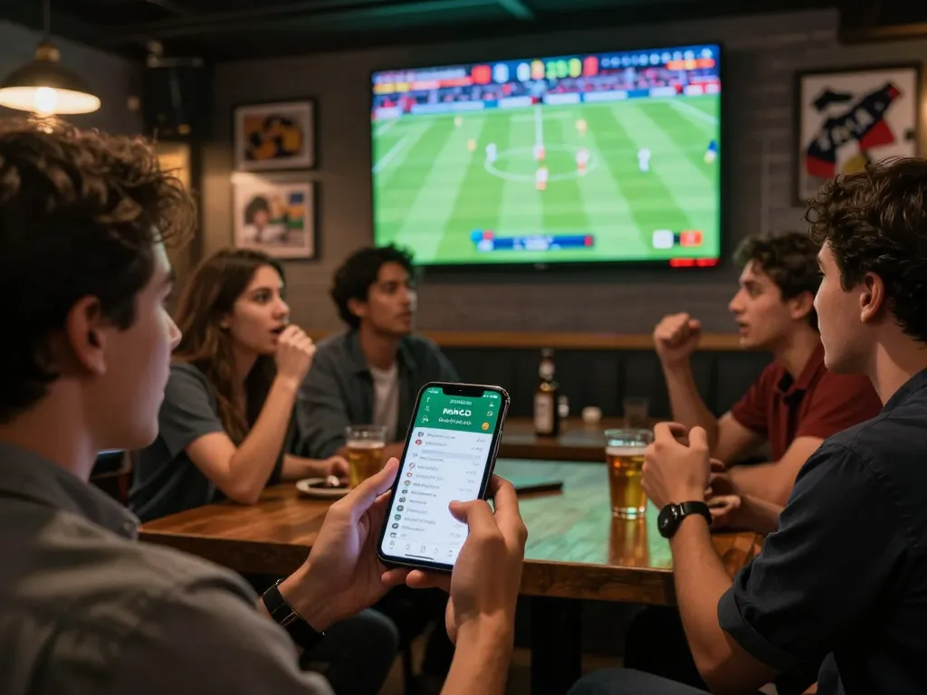 Engaging sports betting experience with keo nha cai app displayed on smartphone amidst friends enjoying a live match.