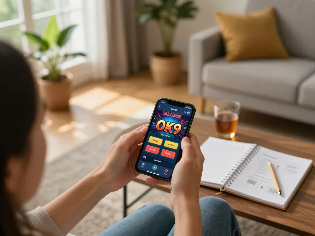 Player engaging with the OK9 casino app on their smartphone while enjoying a cozy home environment.