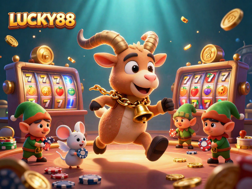 LUCKY88 invites players to a vibrant holiday-horror casino with characters amid a slot machine frenzy.