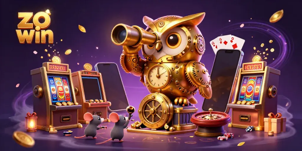 A cartoon illustration showcasing the exciting world of gaming with "zo win" characters interacting in a vibrant casino scene.