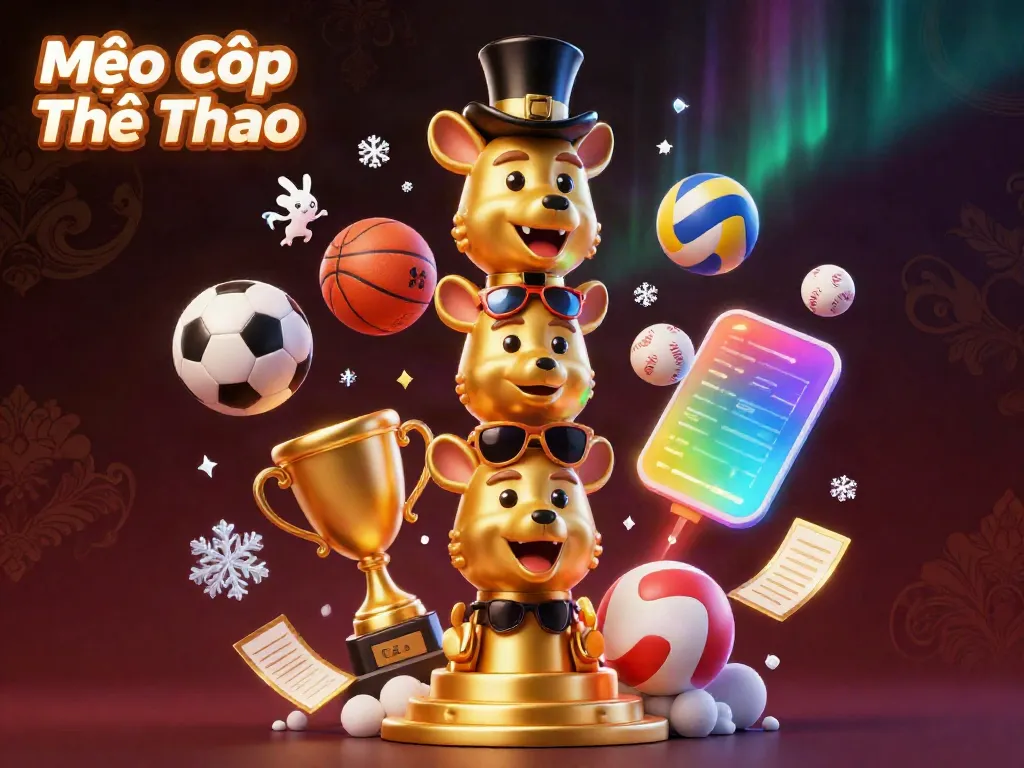 Mẹo Cược Thể Thao illustrated with dynamic sports elements and a totem pole centerpiece for engaging betting strategies.