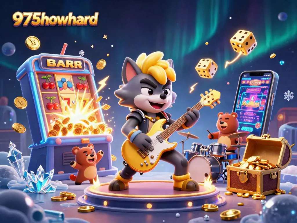 The dynamic casino scene with 975howard showcasing a rock star wolf and drummer bear with colorful slot machine elements.