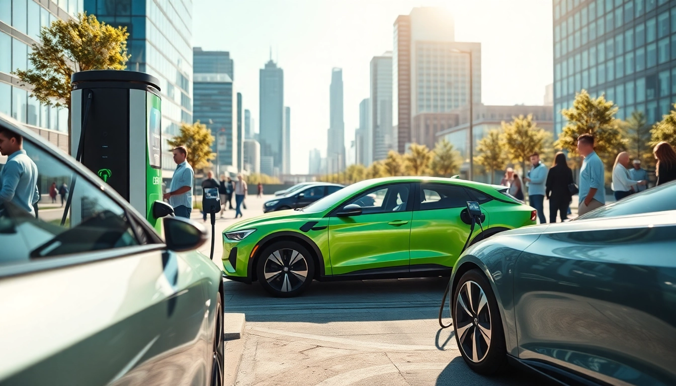 Elektroautos an einer modernen Ladestation in einer lebhaften Stadt.