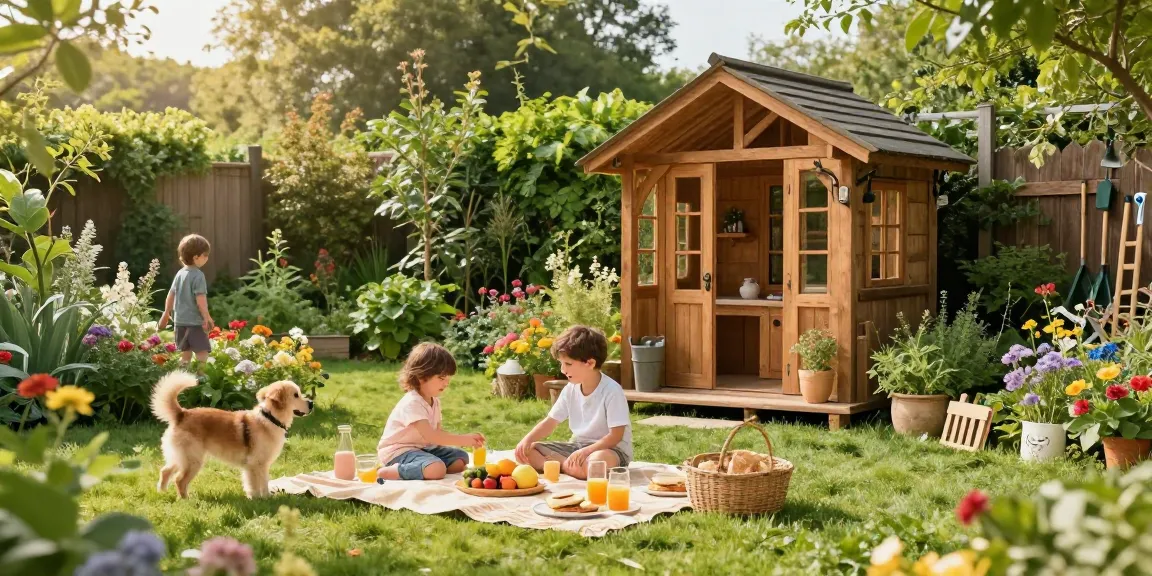 Gartenhaus kaufen: Elegantes Gartenhaus mit Familie beim Picknick im Garten.