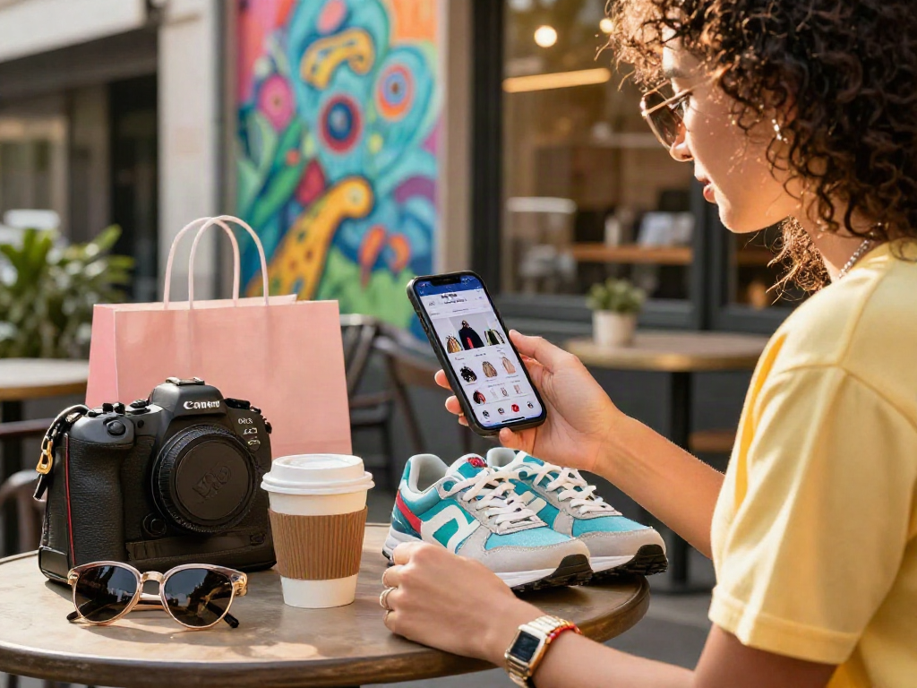 Individual browsing rokok88 apparel on a smartphone at a trendy urban café, surrounded by stylish accessories.