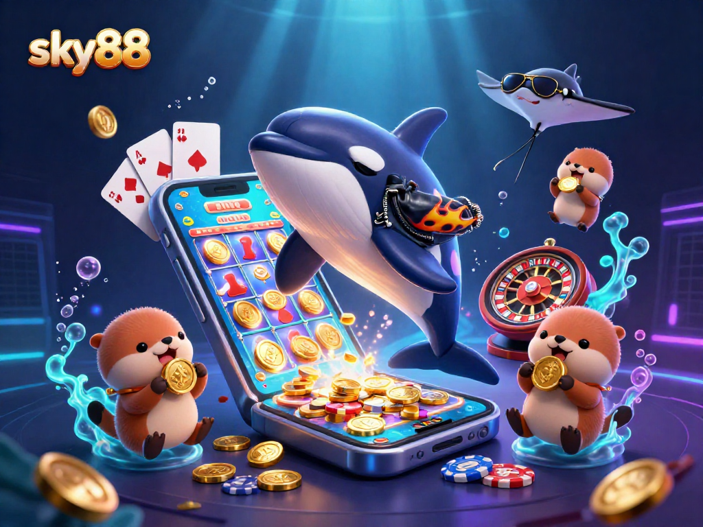 Engage in thrilling gaming adventures at sky88 with orca, stingray, and sea otters amidst vibrant casino elements.
