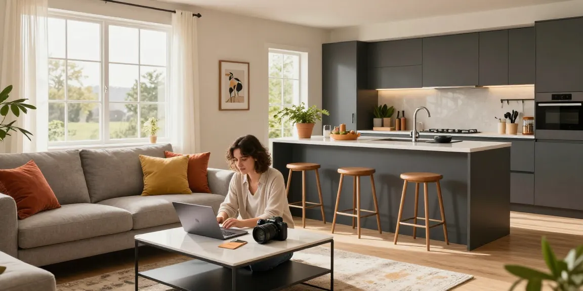 Entdecken Sie moderne Möbel mit Lieferoptionen, einschließlich eines stilvollen Sofas und einer Küchenanordnung in einem gemütlichen Wohnzimmer.
