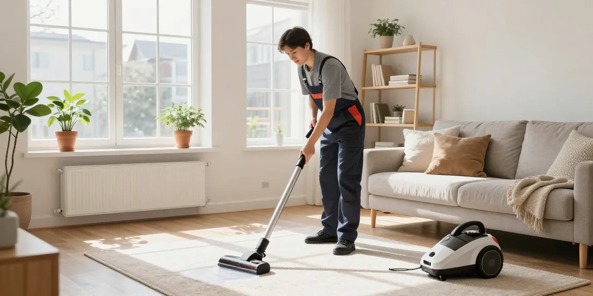 Professional cleaner from putzinstitute bern vacuuming a bright, clean living room.
