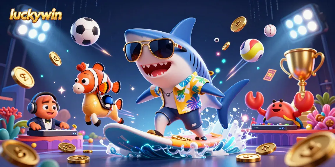 Experience the thrill at luckywin with a vibrant underwater casino adventure featuring a shark, clownfish, and crab DJ.