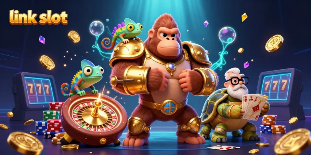 Experience excitement with the link slot, where a gorilla king, chameleon, and tortoise reveal casino riches.