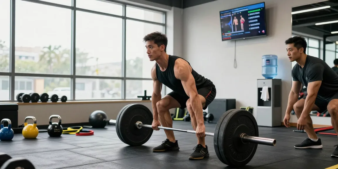 Anabolika Shop fitness scene with a male bodybuilder performing deadlifts in a modern gym, showcasing determination and the atmosphere of strength training.