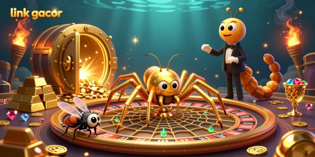 Spinning a golden roulette web at link gacor, featuring vibrant characters in an energetic casino scene.
