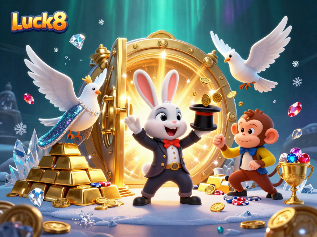 Luck8 brings a dazzling world of online gambling with a cartoon magician and dazzling treasure vaults.